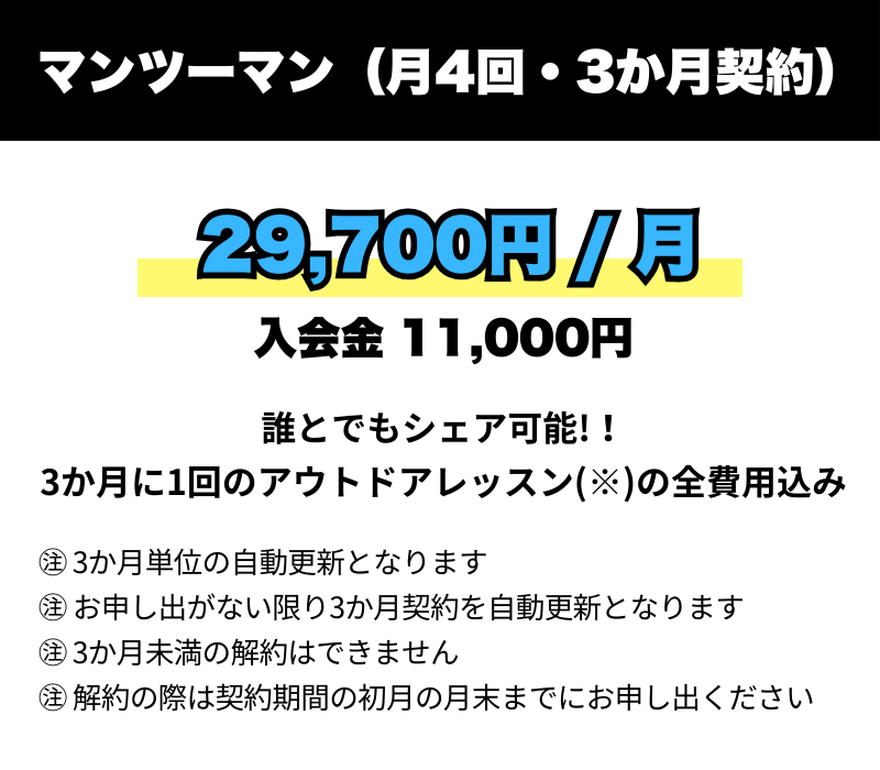 マンツーマン（月4回・3か月契約）で29,700円/月（入会金11,000円）